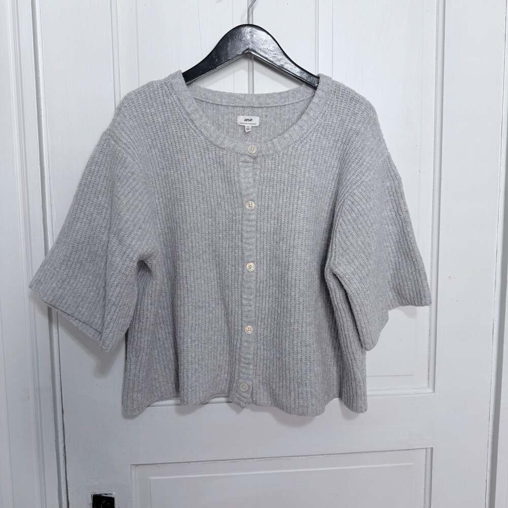 Aerie Gray Ribbed Knit Short Sleeve Button-Down Cardigan XL